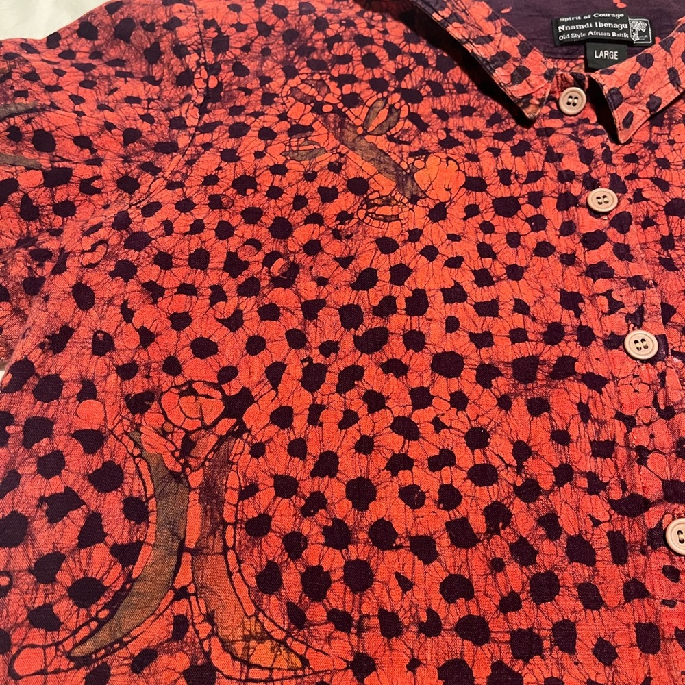 Nnamdi Ibenagu African Batik Large Orange, Plum & Brown Button Down Shirt - Picture 2 of 9